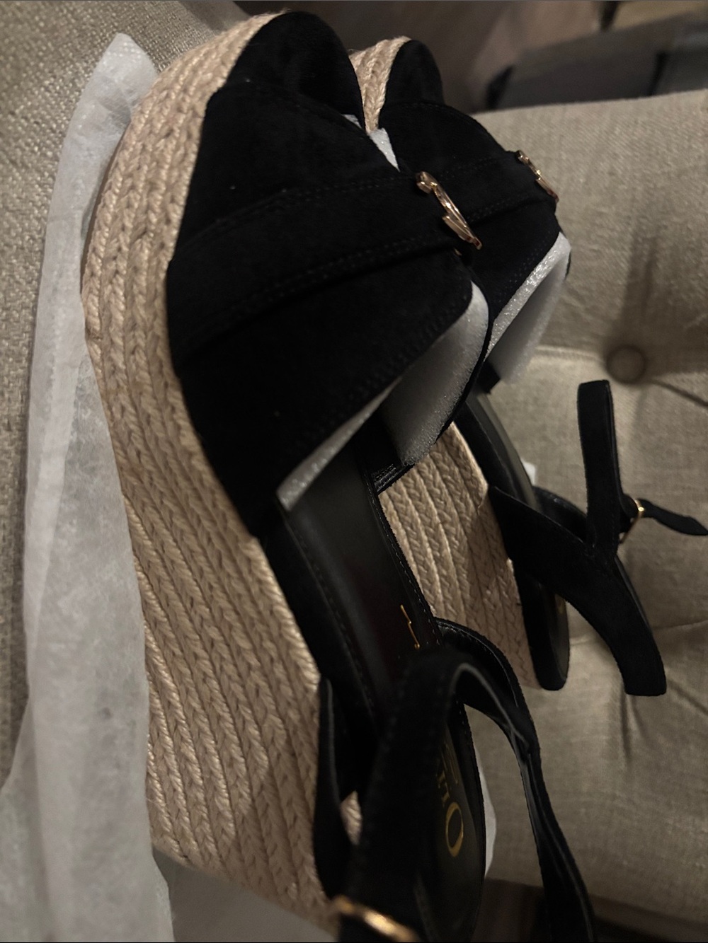 Black Suede Espadrille Wedge Sandals with Gold Logo Accent - Picture 3 of 4